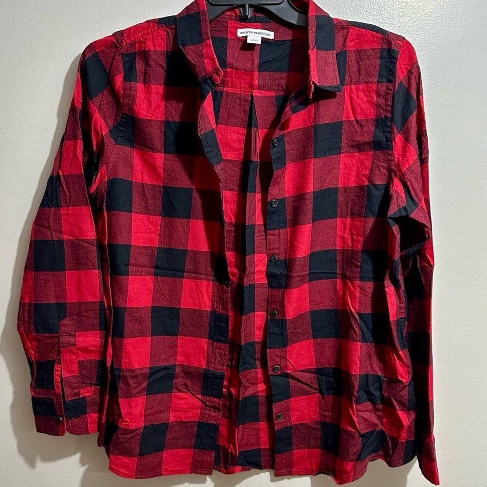 Amazon Essentials Button Down Shirt Size L Red Black Checkered (421)